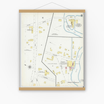 Old map wall art mockup — magnetic wood frame on white wall — Sanborn Fire Insurance Map from Medway, Norfolk County, Massachusetts (1903), Sheet #0009
