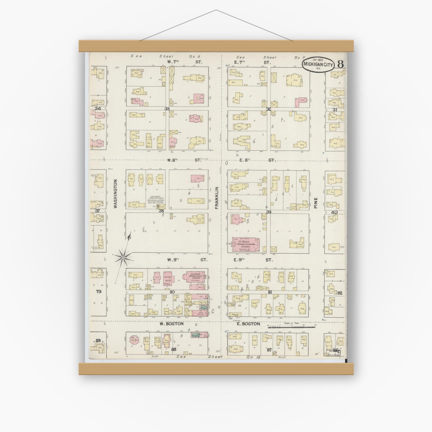 Old map wall art mockup — magnetic wood frame on white wall — Sanborn Fire Insurance Map from Michigan City, La Porte County, Indiana (1889), Sheet #0008