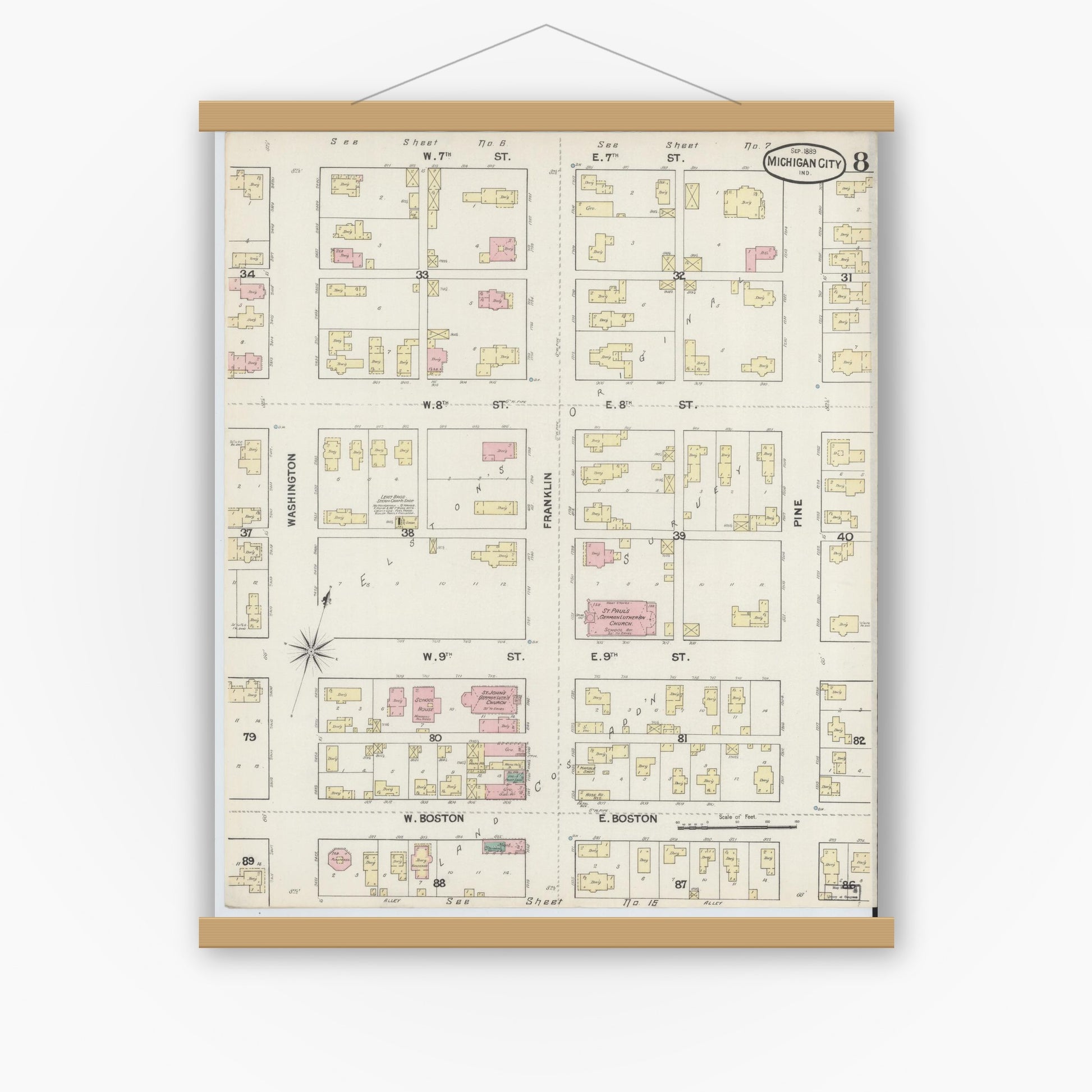 Old map wall art mockup — magnetic wood frame on white wall — Sanborn Fire Insurance Map from Michigan City, La Porte County, Indiana (1889), Sheet #0008