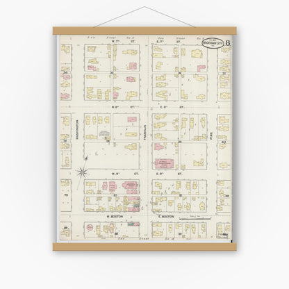 Old map wall art mockup — magnetic wood frame on white wall — Sanborn Fire Insurance Map from Michigan City, La Porte County, Indiana (1889), Sheet #0008