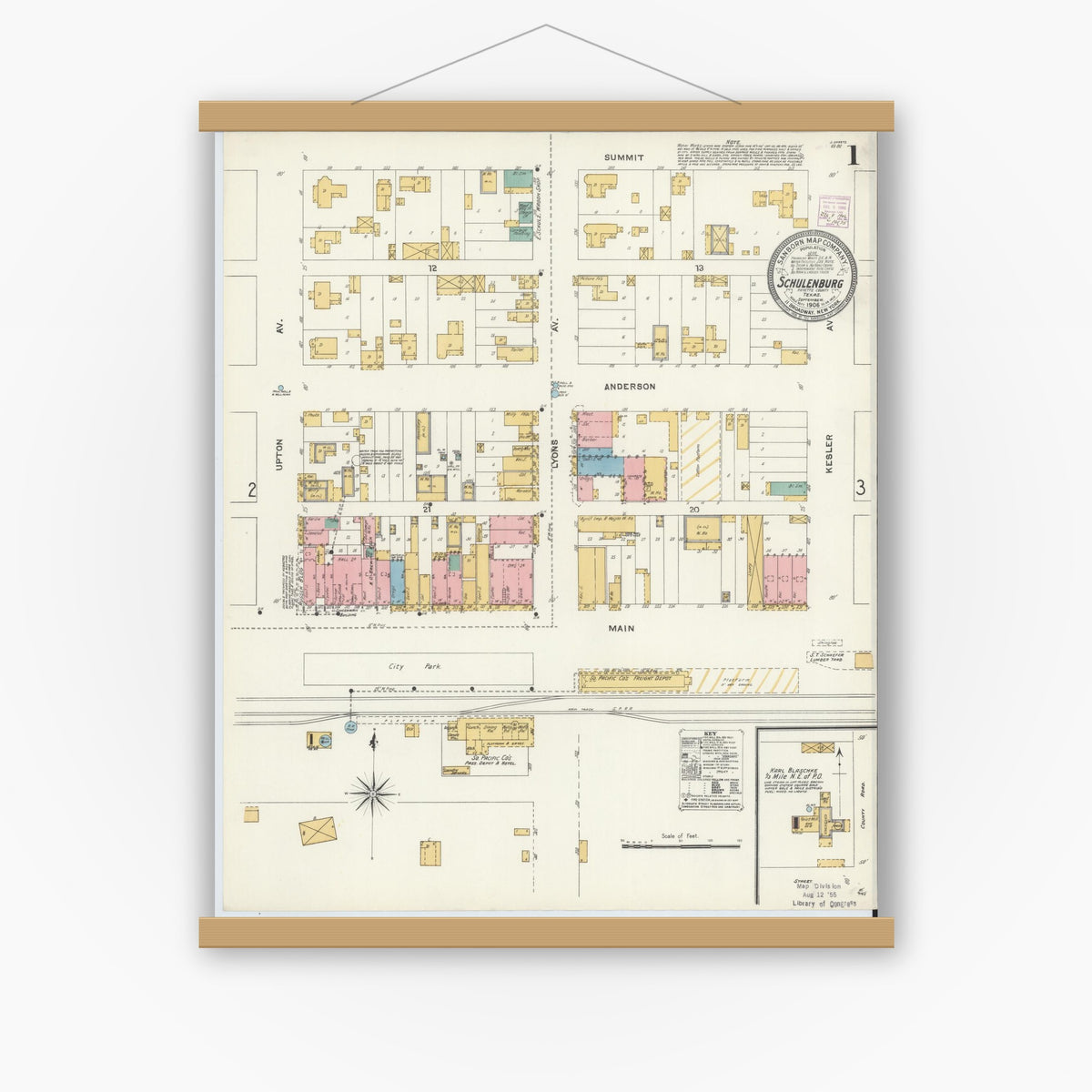 Old map wall art mockup — magnetic wood frame on white wall — Sanborn Fire Insurance Map from Schulenburg, Fayette County, Texas (1906) - Complete Map Set