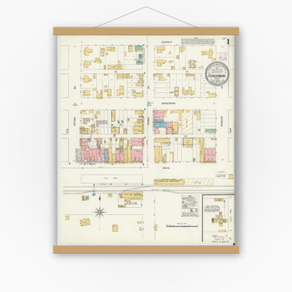 Old map wall art mockup — magnetic wood frame on white wall — Sanborn Fire Insurance Map from Schulenburg, Fayette County, Texas (1906) - Complete Map Set