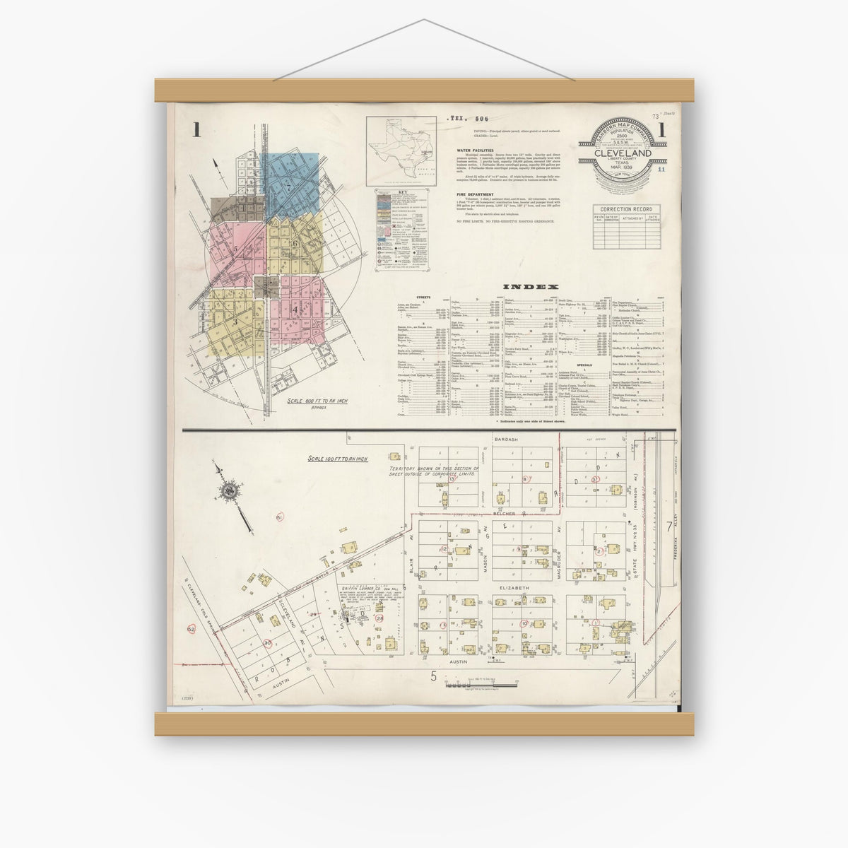 Old map wall art mockup — magnetic wood frame on white wall — Sanborn Fire Insurance Map from Cleveland, Liberty County, Texas (1939) - Complete Map Set