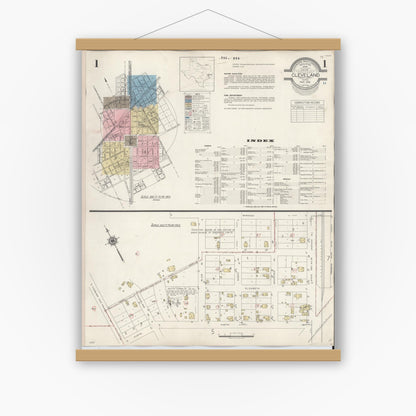 Old map wall art mockup — magnetic wood frame on white wall — Sanborn Fire Insurance Map from Cleveland, Liberty County, Texas (1939) - Complete Map Set