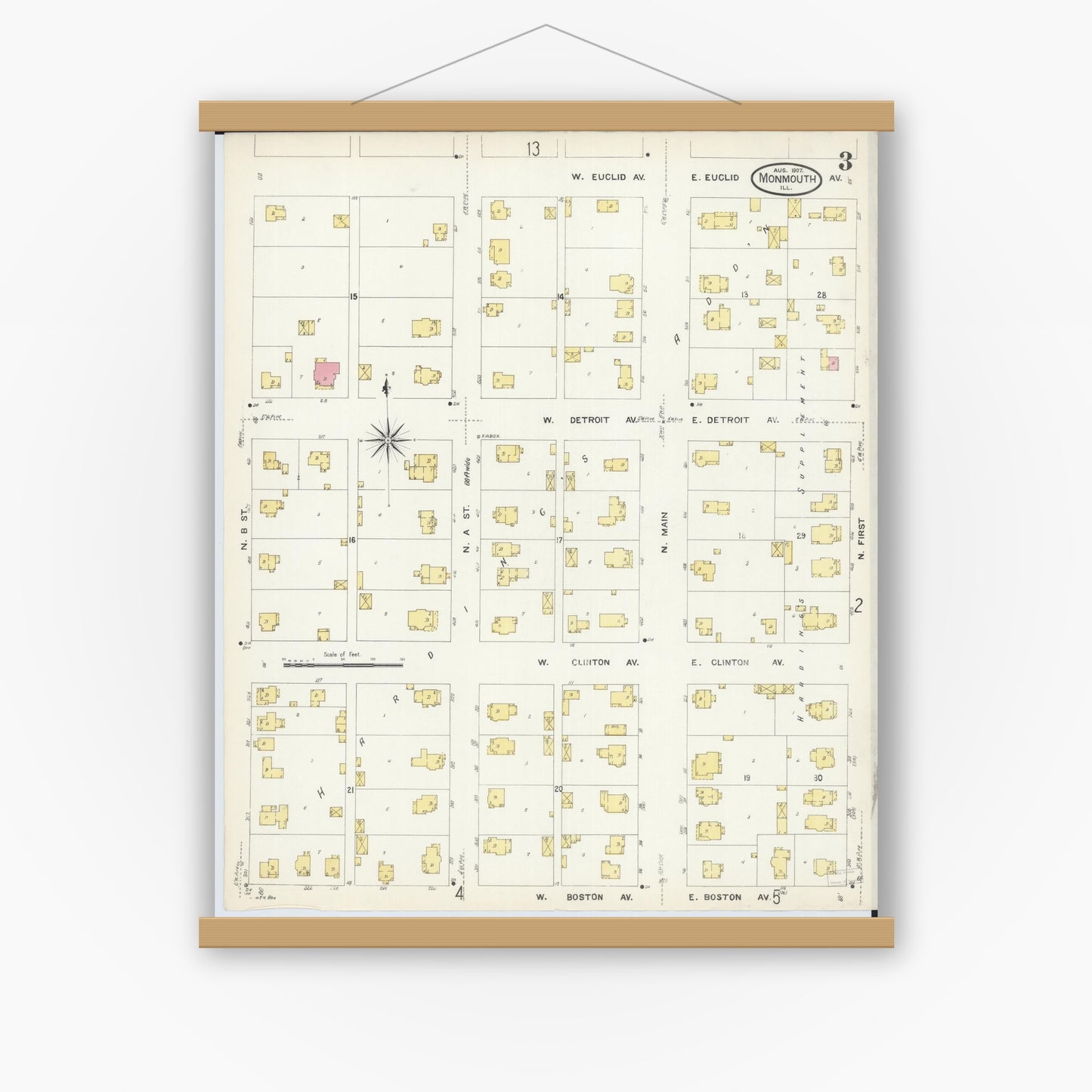 Old map wall art mockup — magnetic wood frame on white wall — Sanborn Fire Insurance Map from Monmouth, Warren County, Illinois (1907), Sheet #0003