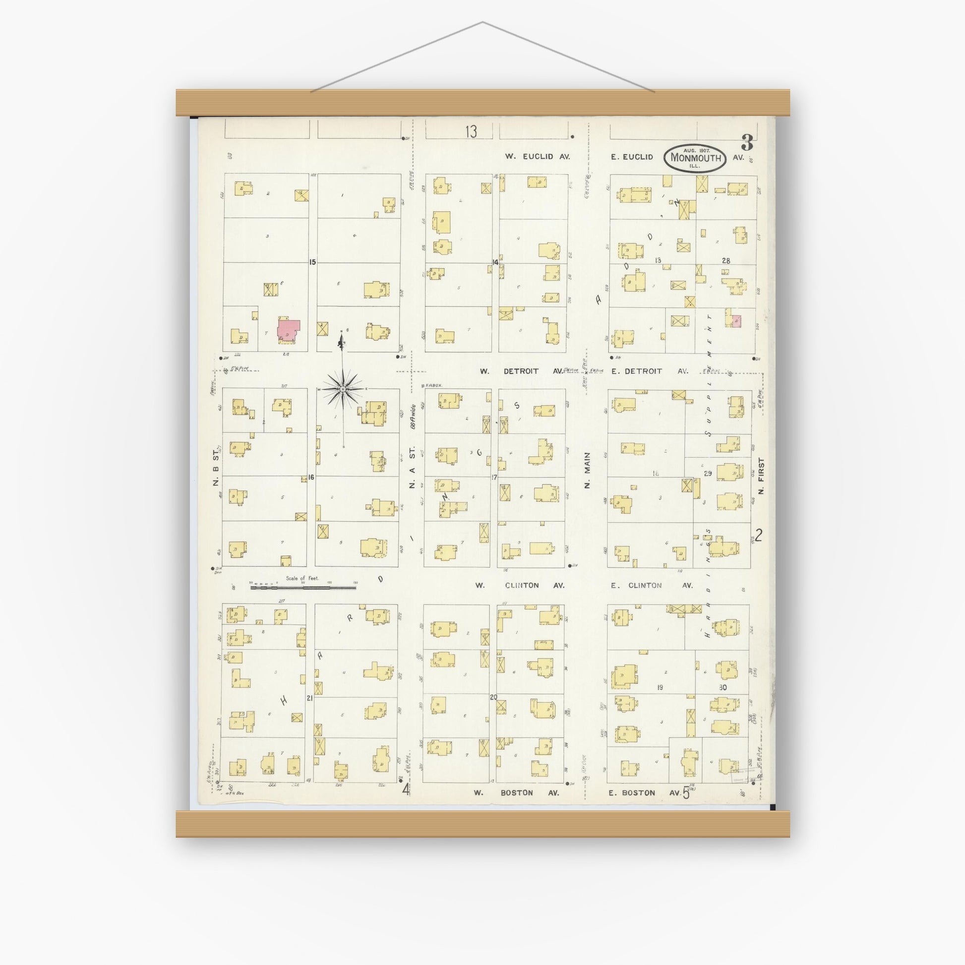 Old map wall art mockup — magnetic wood frame on white wall — Sanborn Fire Insurance Map from Monmouth, Warren County, Illinois (1907), Sheet #0003