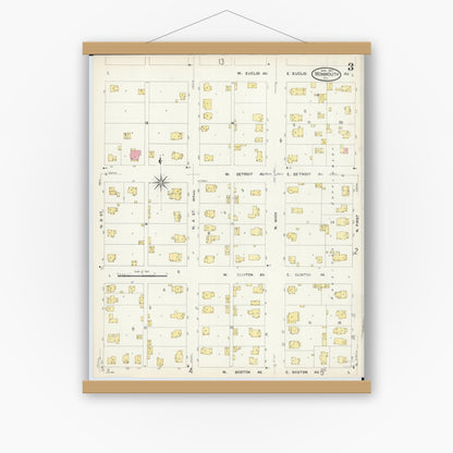Old map wall art mockup — magnetic wood frame on white wall — Sanborn Fire Insurance Map from Monmouth, Warren County, Illinois (1907), Sheet #0003