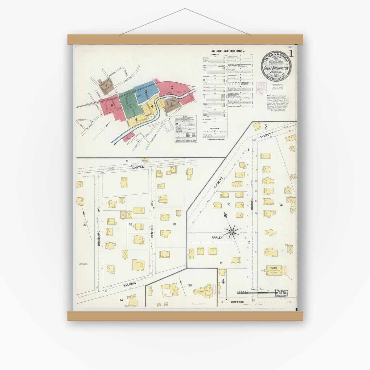 Old map wall art mockup — magnetic wood frame on white wall — Sanborn Fire Insurance Map from Great Barrington, Berkshire County, Massachusetts (1903) - Complete Map Set