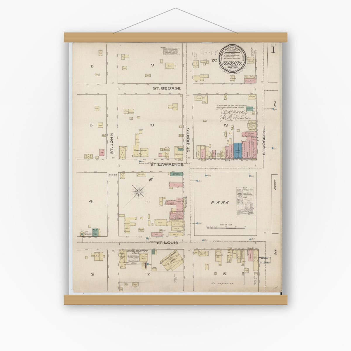 Old map wall art mockup — magnetic wood frame on white wall — Sanborn Fire Insurance Map from Gonzales, Gonzales County, Texas (1885) - Complete Map Set