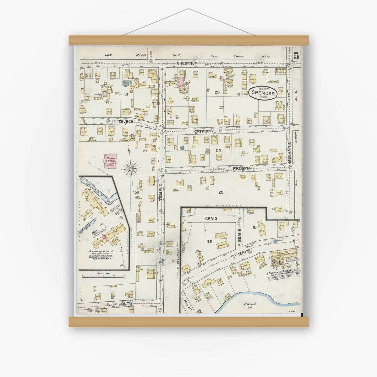 Old map wall art mockup — magnetic wood frame on white wall — Sanborn Fire Insurance Map from Spencer, Worcester County, Massachusetts (1887), Sheet #0005