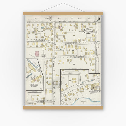 Old map wall art mockup — magnetic wood frame on white wall — Sanborn Fire Insurance Map from Spencer, Worcester County, Massachusetts (1887), Sheet #0005