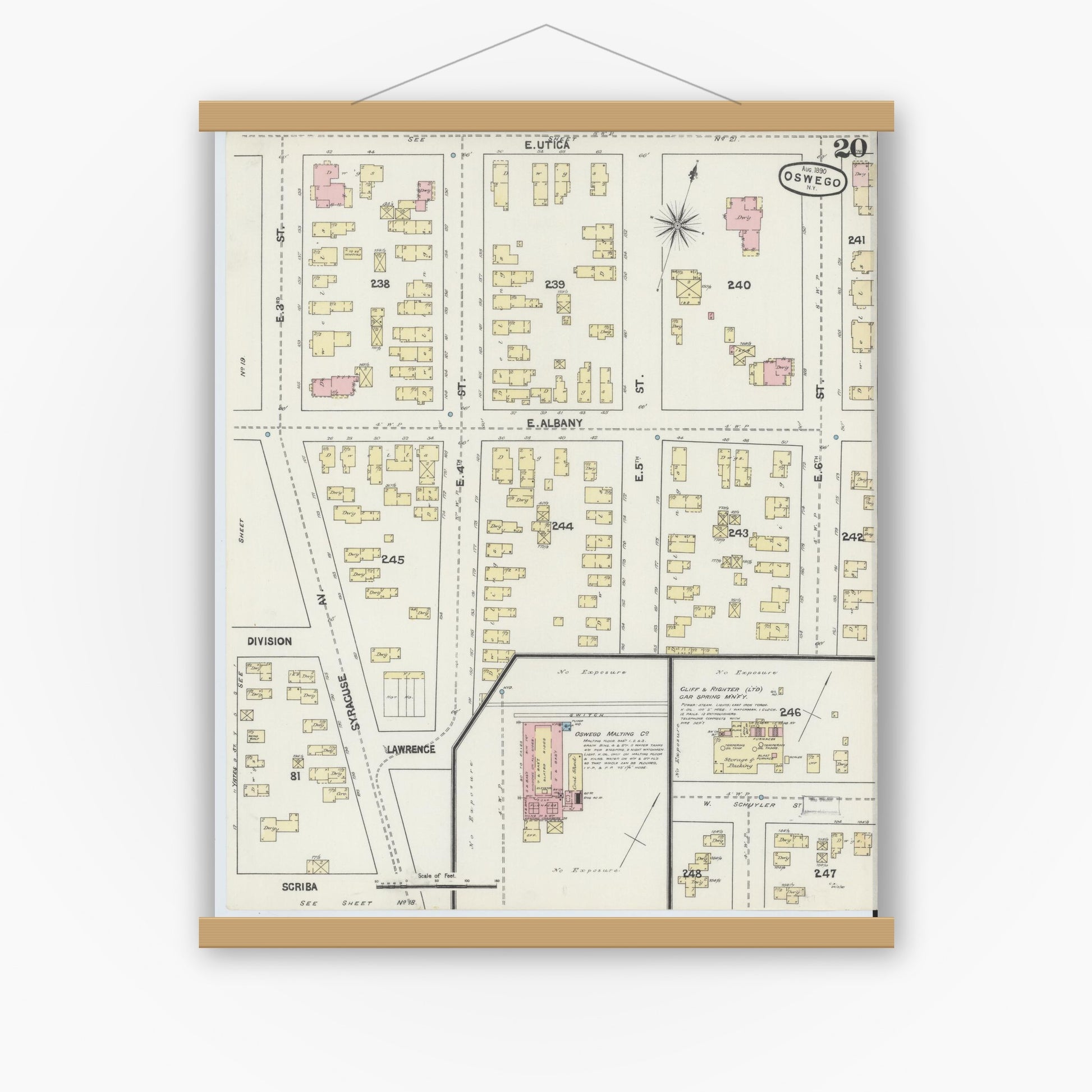 Old map wall art mockup — magnetic wood frame on white wall — Sanborn Fire Insurance Map from Oswego, Oswego County, New York (1890), Sheet #0020