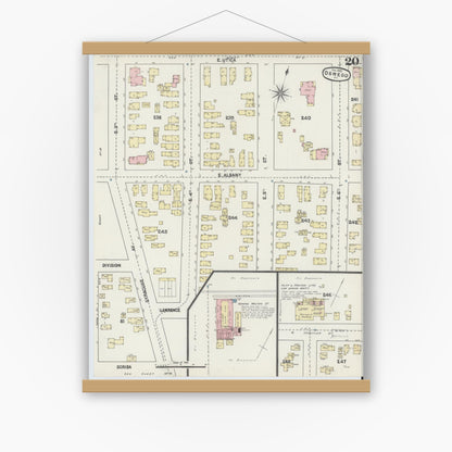 Old map wall art mockup — magnetic wood frame on white wall — Sanborn Fire Insurance Map from Oswego, Oswego County, New York (1890), Sheet #0020