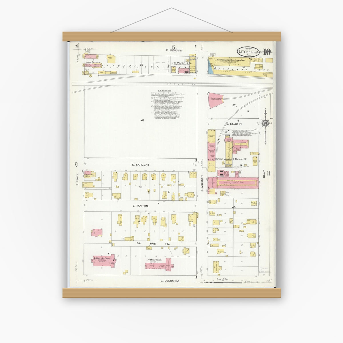 Old map wall art mockup — magnetic wood frame on white wall — Sanborn Fire Insurance Map from Litchfield, Montgomery County, Illinois (1910), Sheet #0010