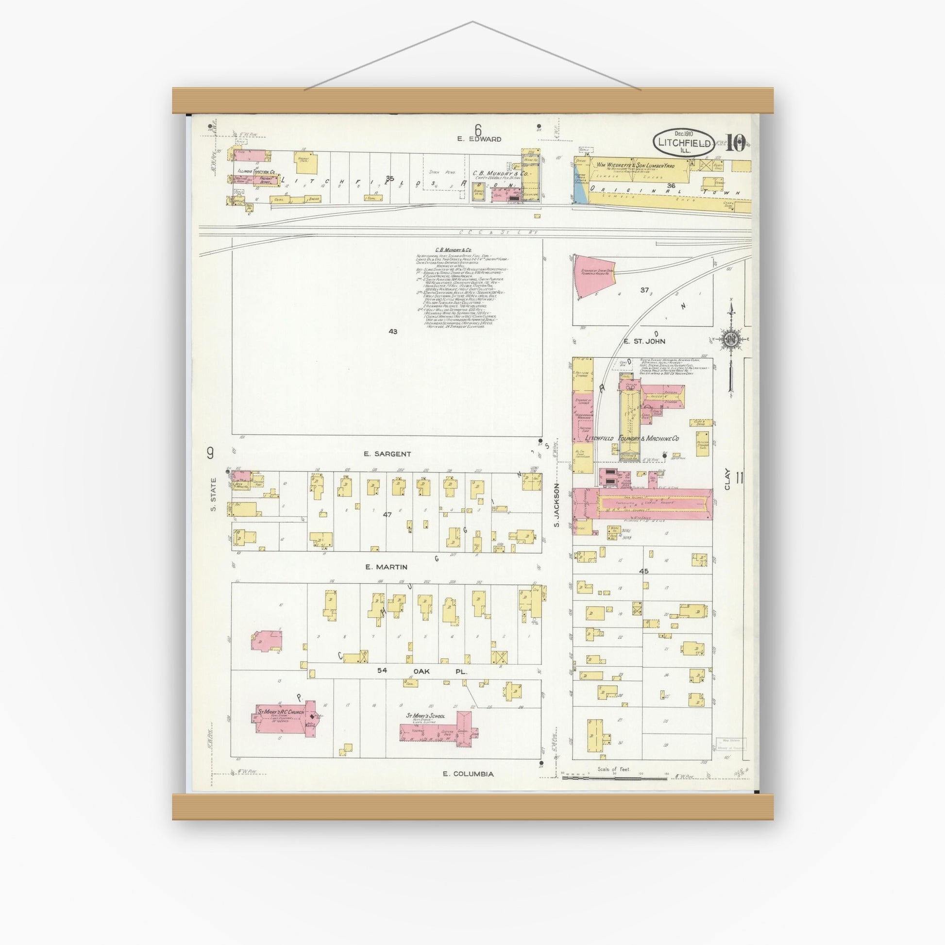 Old map wall art mockup — magnetic wood frame on white wall — Sanborn Fire Insurance Map from Litchfield, Montgomery County, Illinois (1910), Sheet #0010