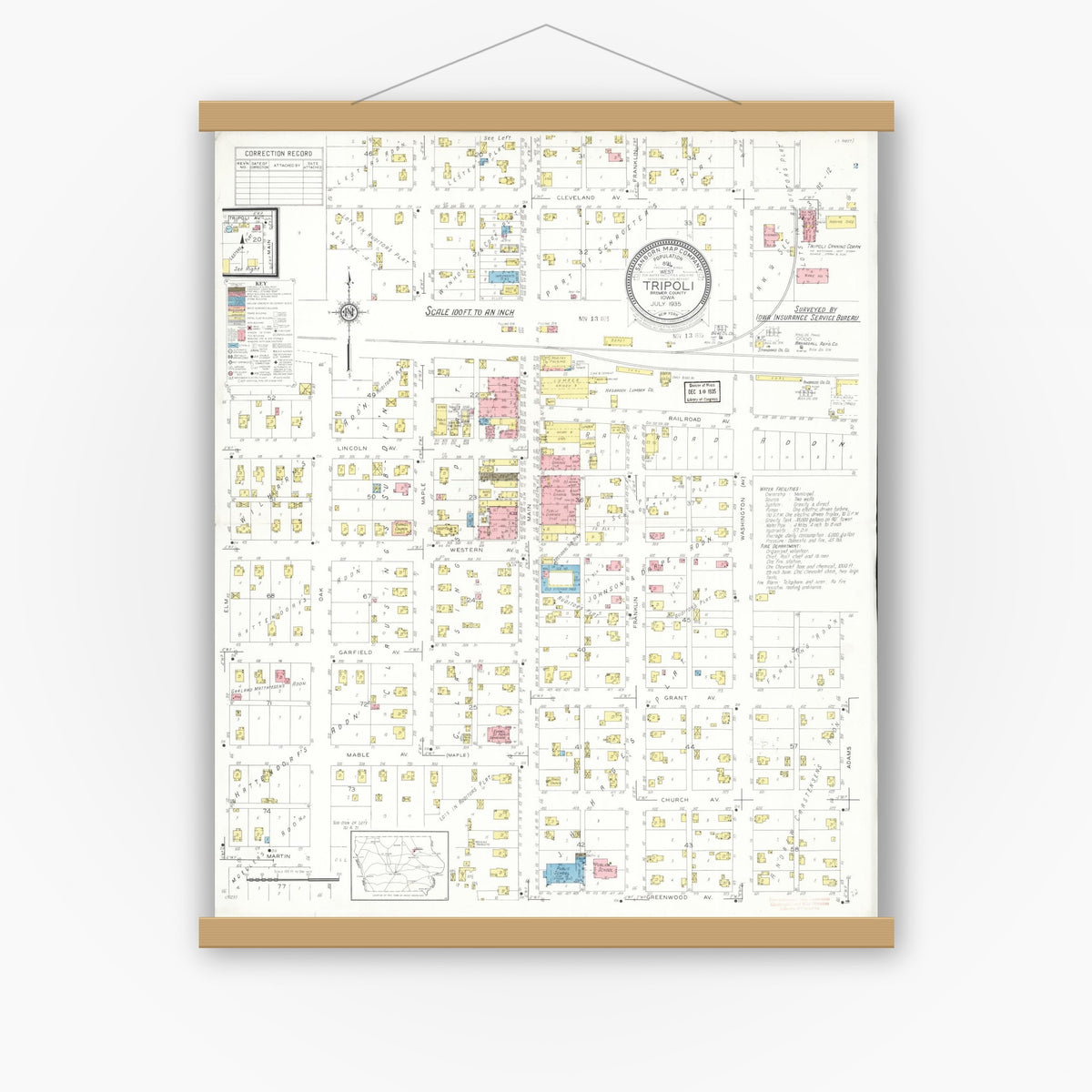 Old map wall art mockup — magnetic wood frame on white wall — Sanborn Fire Insurance Map from Tripoli, Bremer County, Iowa (1935), Sheet #0001