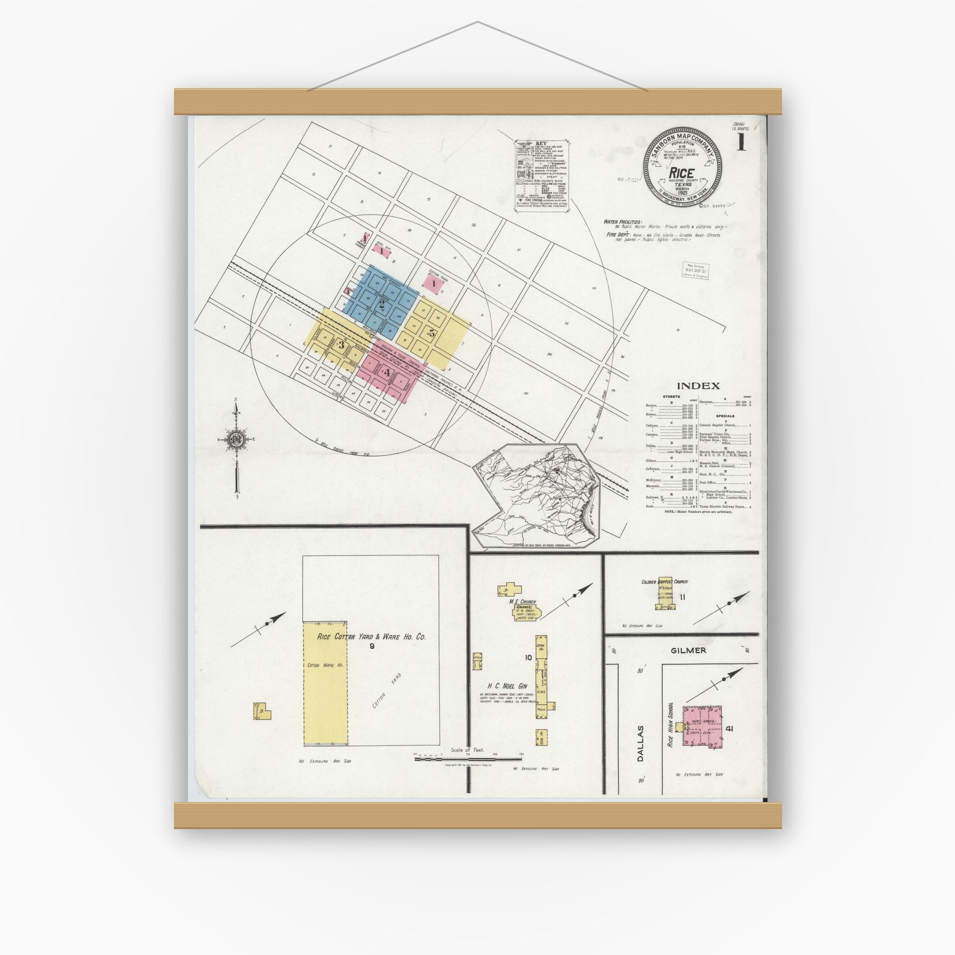 Old map wall art mockup — magnetic wood frame on white wall — Sanborn Fire Insurance Map from Rice, Navarro County, Texas (1921) - Complete Map Set
