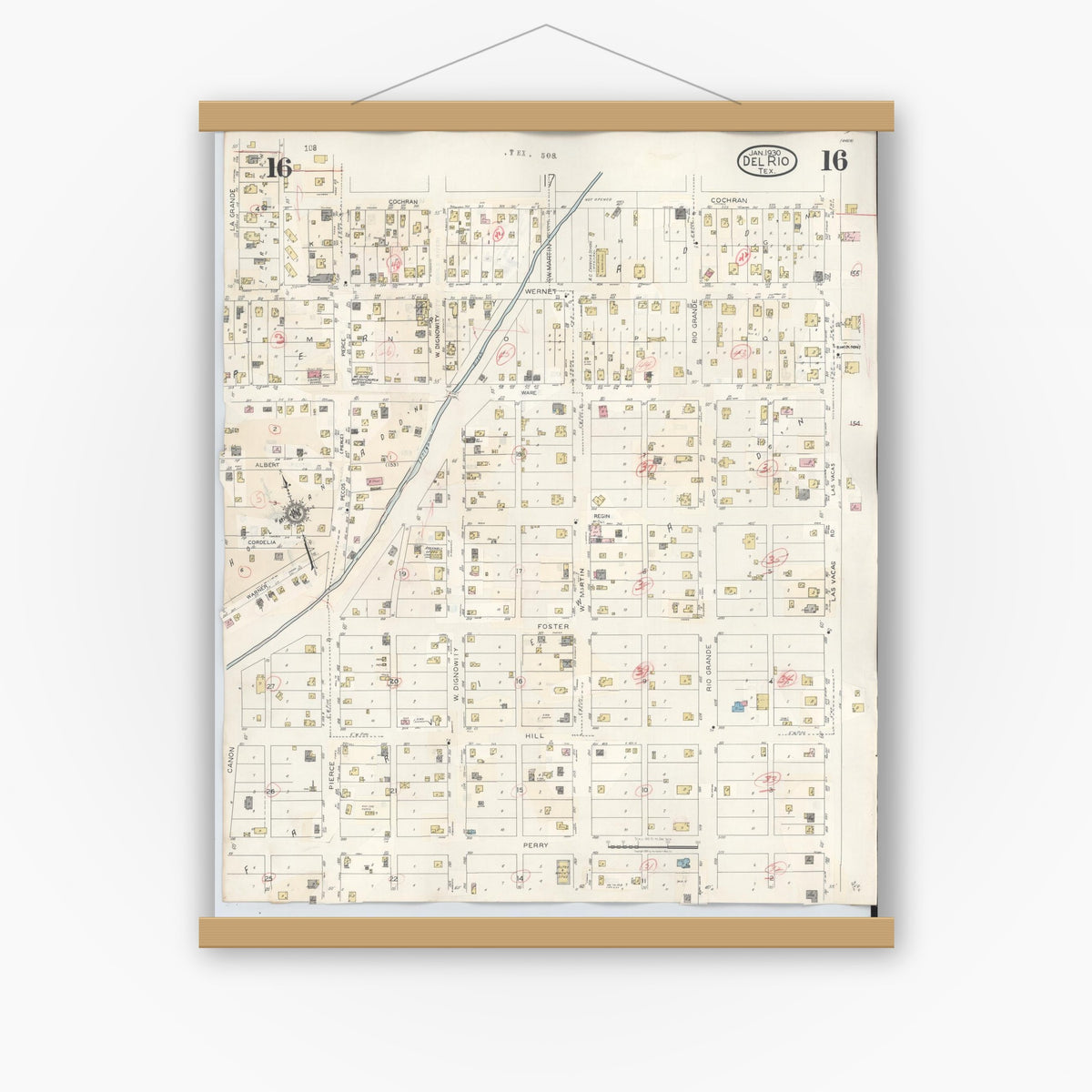 Old map wall art mockup — magnetic wood frame on white wall — Sanborn Fire Insurance Map from Del Rio, Val Verde County, Texas (1948), Sheet #0016