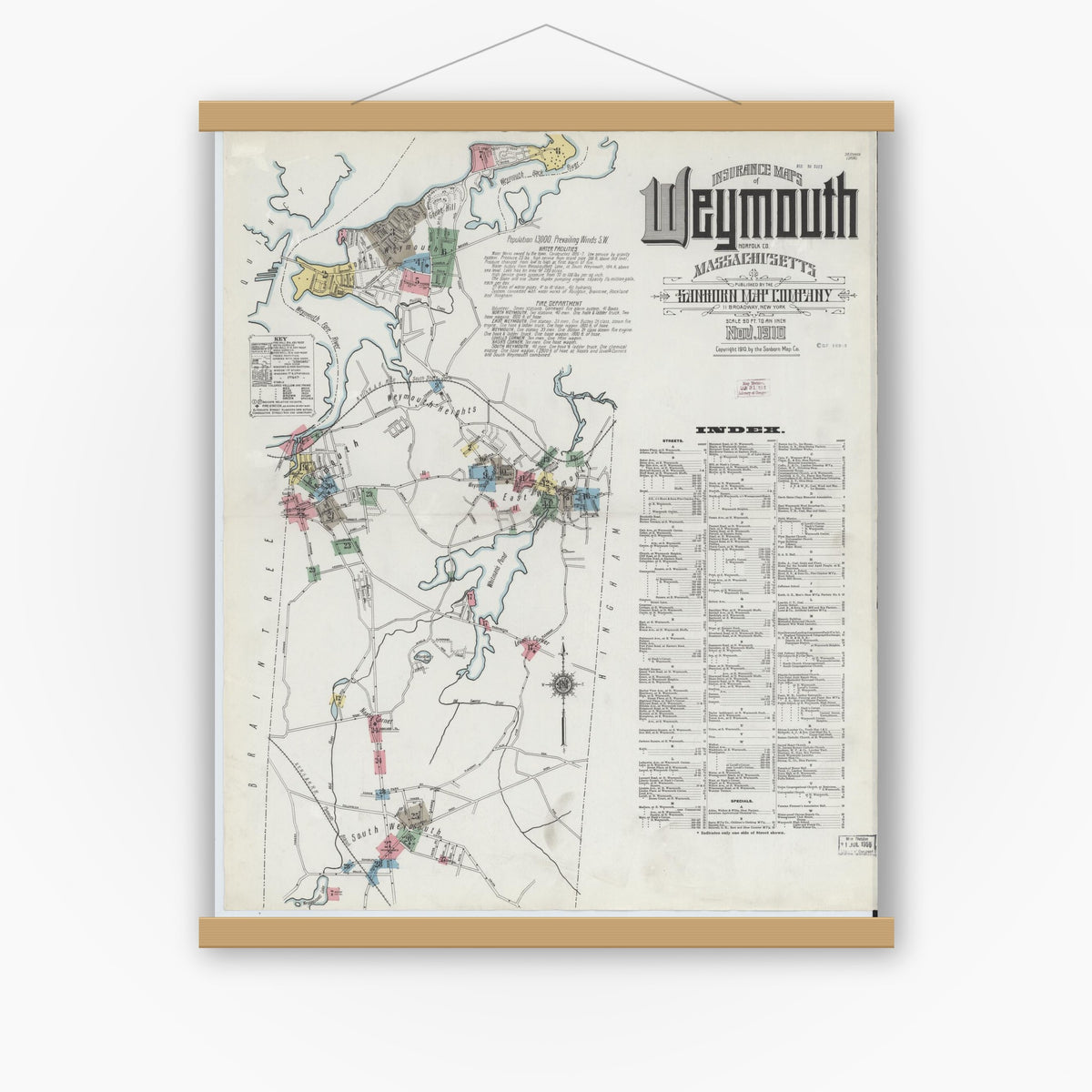 Old map wall art mockup — magnetic wood frame on white wall — Sanborn Fire Insurance Map from Weymouth, Norfolk County, Massachusetts (1910) - Complete Map Set