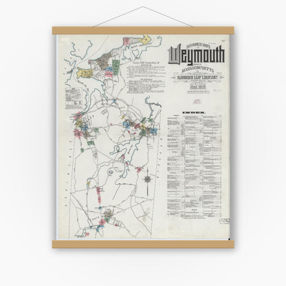 Old map wall art mockup — magnetic wood frame on white wall — Sanborn Fire Insurance Map from Weymouth, Norfolk County, Massachusetts (1910) - Complete Map Set
