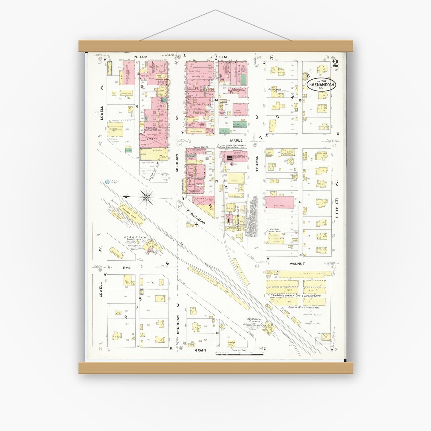 Old map wall art mockup — magnetic wood frame on white wall — Sanborn Fire Insurance Map from Shenandoah, Page County, Iowa (1909), Sheet #0002