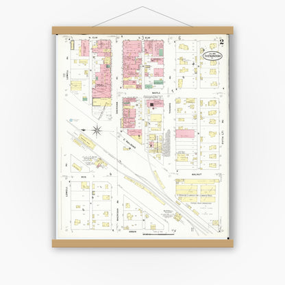 Old map wall art mockup — magnetic wood frame on white wall — Sanborn Fire Insurance Map from Shenandoah, Page County, Iowa (1909), Sheet #0002
