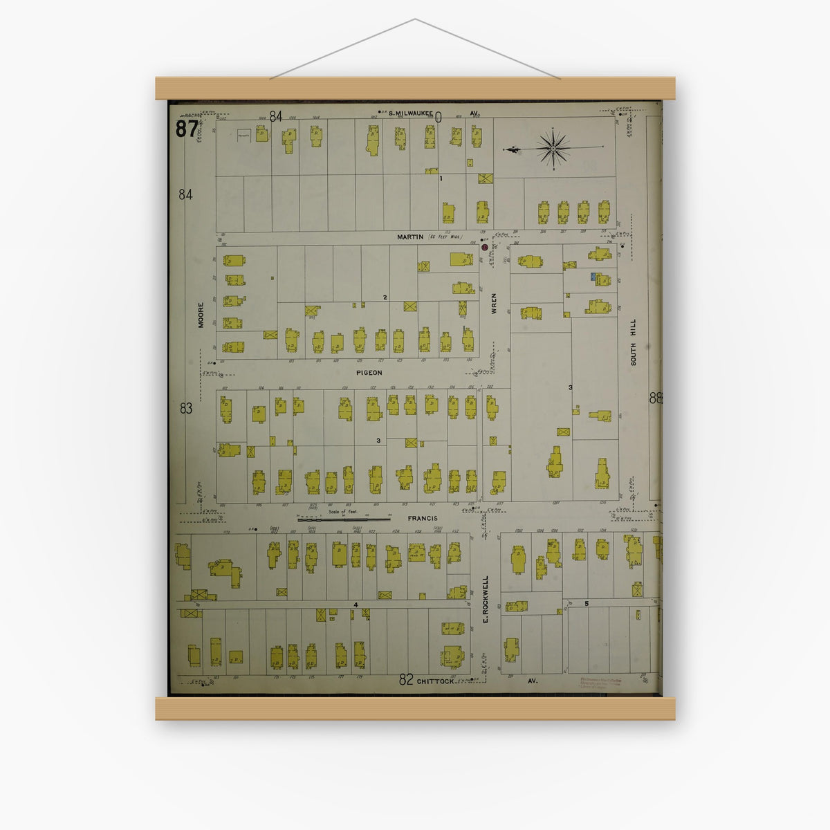 Old map wall art mockup — magnetic wood frame on white wall — Sanborn Fire Insurance Map from Jackson, Jackson County, Michigan (1907), Sheet #0087