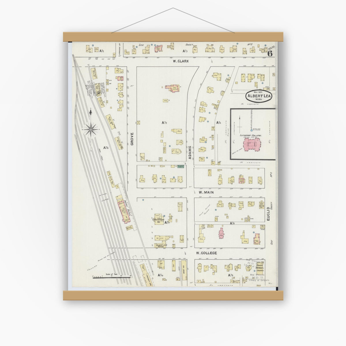 Old map wall art mockup — magnetic wood frame on white wall — Sanborn Fire Insurance Map from Albert Lea, Freeborn County, Minnesota (1891), Sheet #0006
