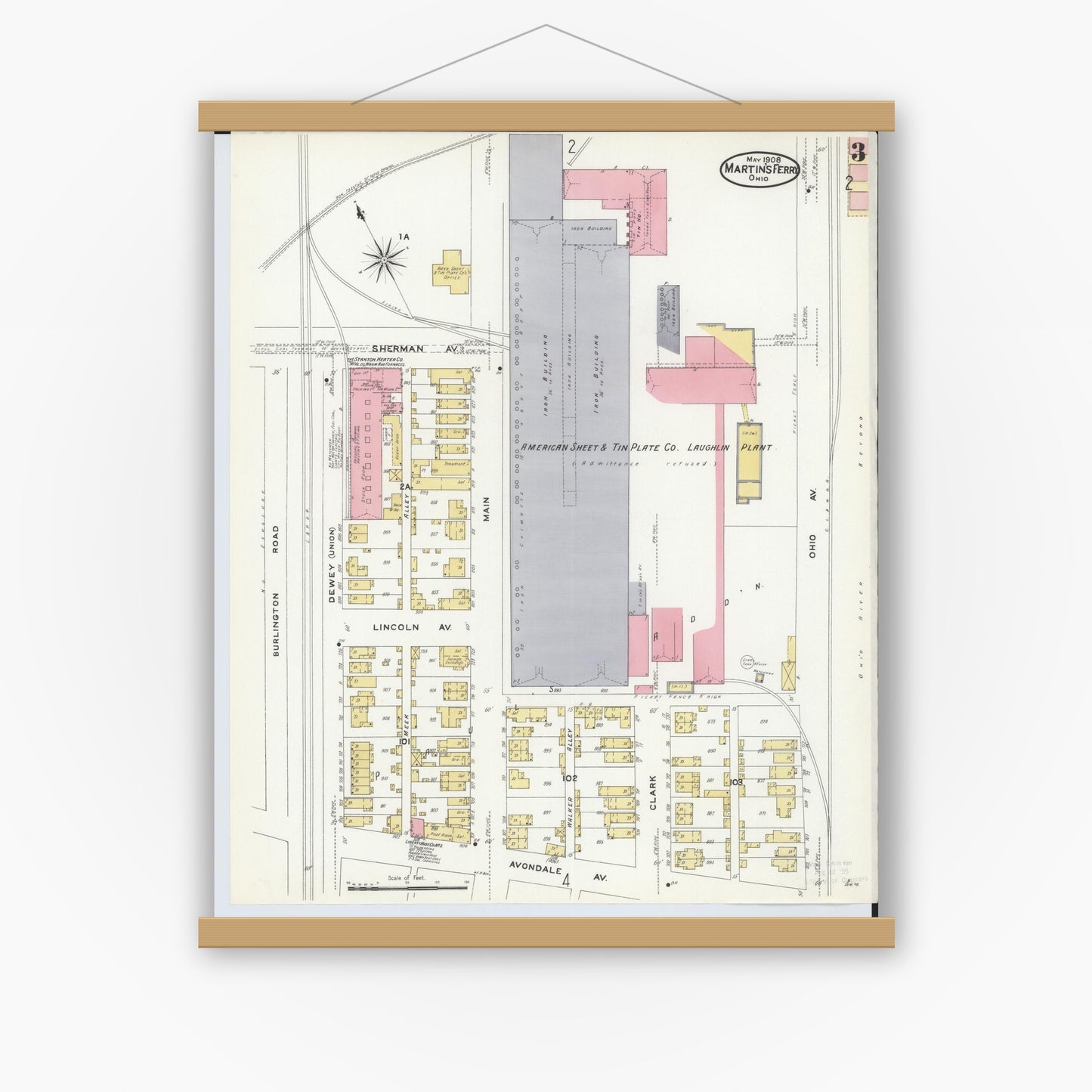Old map wall art mockup — magnetic wood frame on white wall — Sanborn Fire Insurance Map from Martins Ferry, Belmont County, Ohio (1908), Sheet #0003
