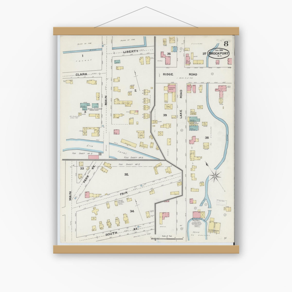 Old map wall art mockup — magnetic wood frame on white wall — Sanborn Fire Insurance Map from Brockport, Monroe County, New York (1892), Sheet #0008