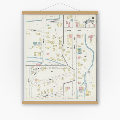 Old map wall art mockup — magnetic wood frame on white wall — Sanborn Fire Insurance Map from Brockport, Monroe County, New York (1892), Sheet #0008