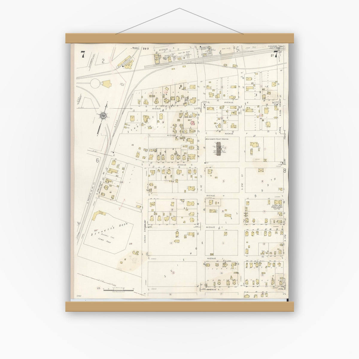 Old map wall art mockup — magnetic wood frame on white wall — Sanborn Fire Insurance Map from Conroe, Montgomery County, Texas (1943), Sheet #0007
