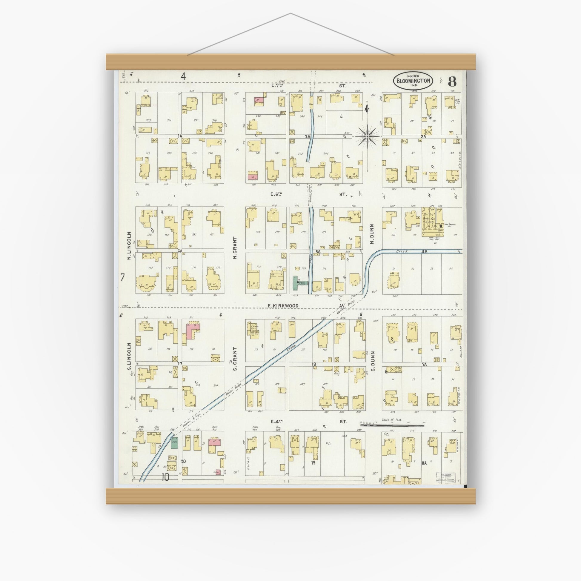 Old map wall art mockup — magnetic wood frame on white wall — Sanborn Fire Insurance Map from Bloomington, Monroe County, Indiana (1898), Sheet #0008