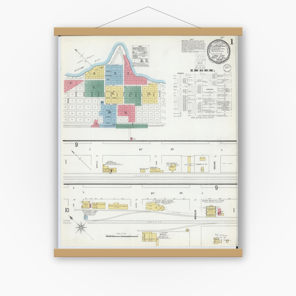 Old map wall art mockup — magnetic wood frame on white wall — Sanborn Fire Insurance Map from Lake City, Wabasha County, Minnesota (1900), Sheet #0001