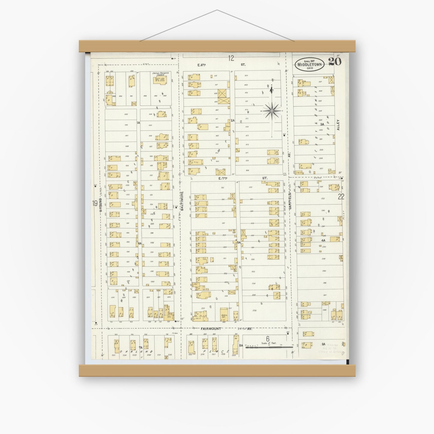 Old map wall art mockup — magnetic wood frame on white wall — Sanborn Fire Insurance Map from Middletown, Butler County, Ohio (1907), Sheet #0020