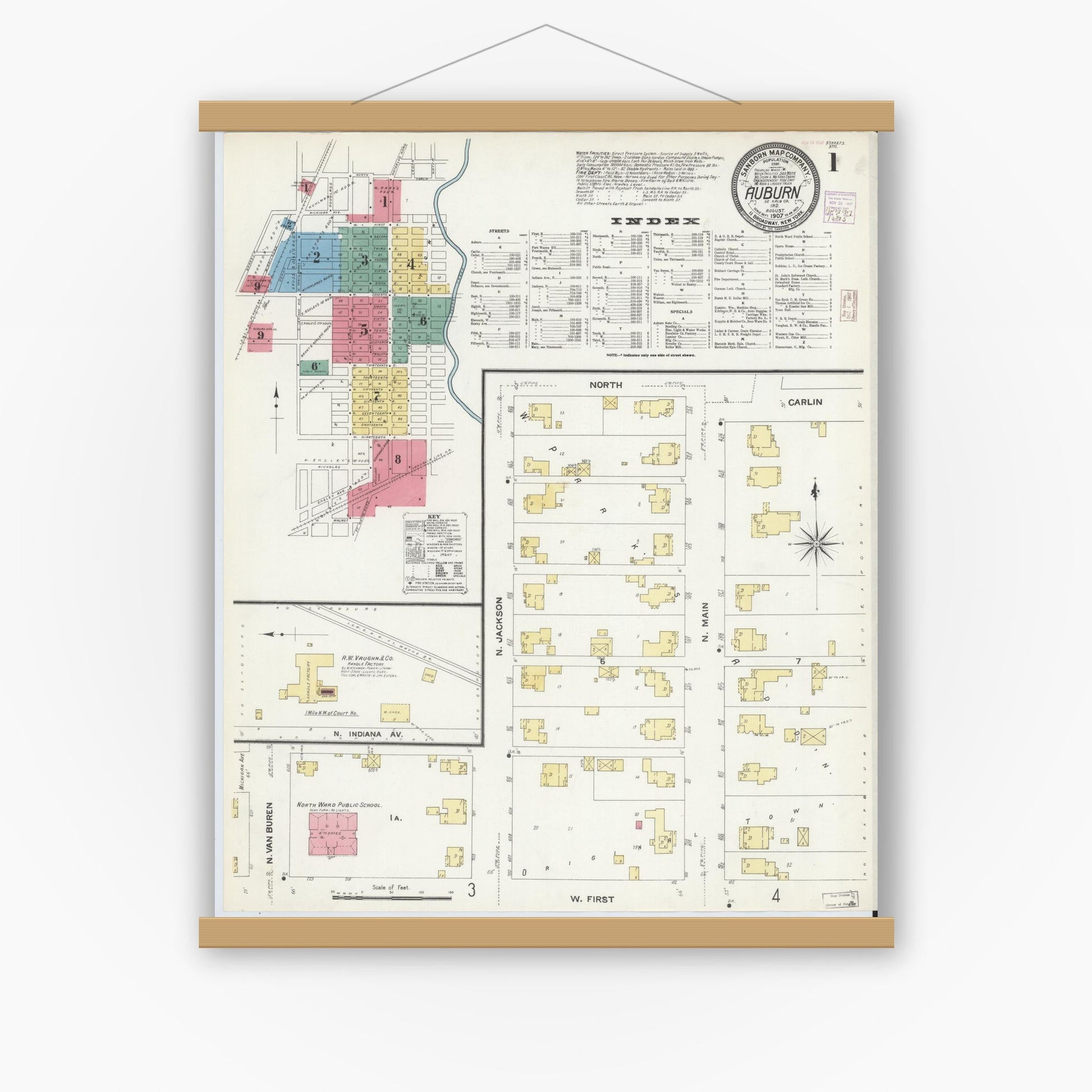 Old map wall art mockup — magnetic wood frame on white wall — Sanborn Fire Insurance Map from Auburn, De Kalb County, Indiana (1907) - Complete Map Set