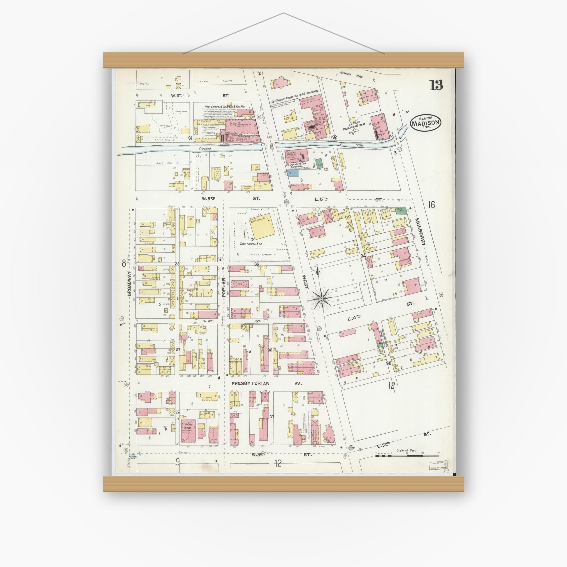 Old map wall art mockup — magnetic wood frame on white wall — Sanborn Fire Insurance Map from Madison, Jefferson County, Indiana (1904), Sheet #0013