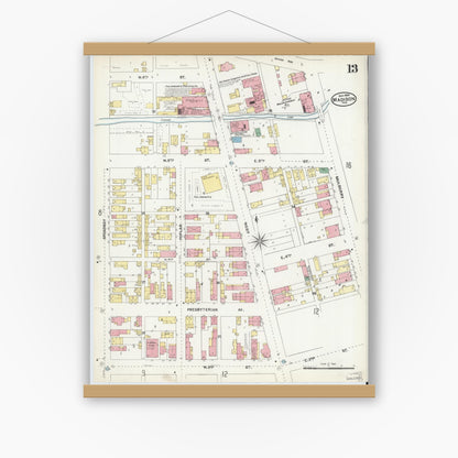 Old map wall art mockup — magnetic wood frame on white wall — Sanborn Fire Insurance Map from Madison, Jefferson County, Indiana (1904), Sheet #0013