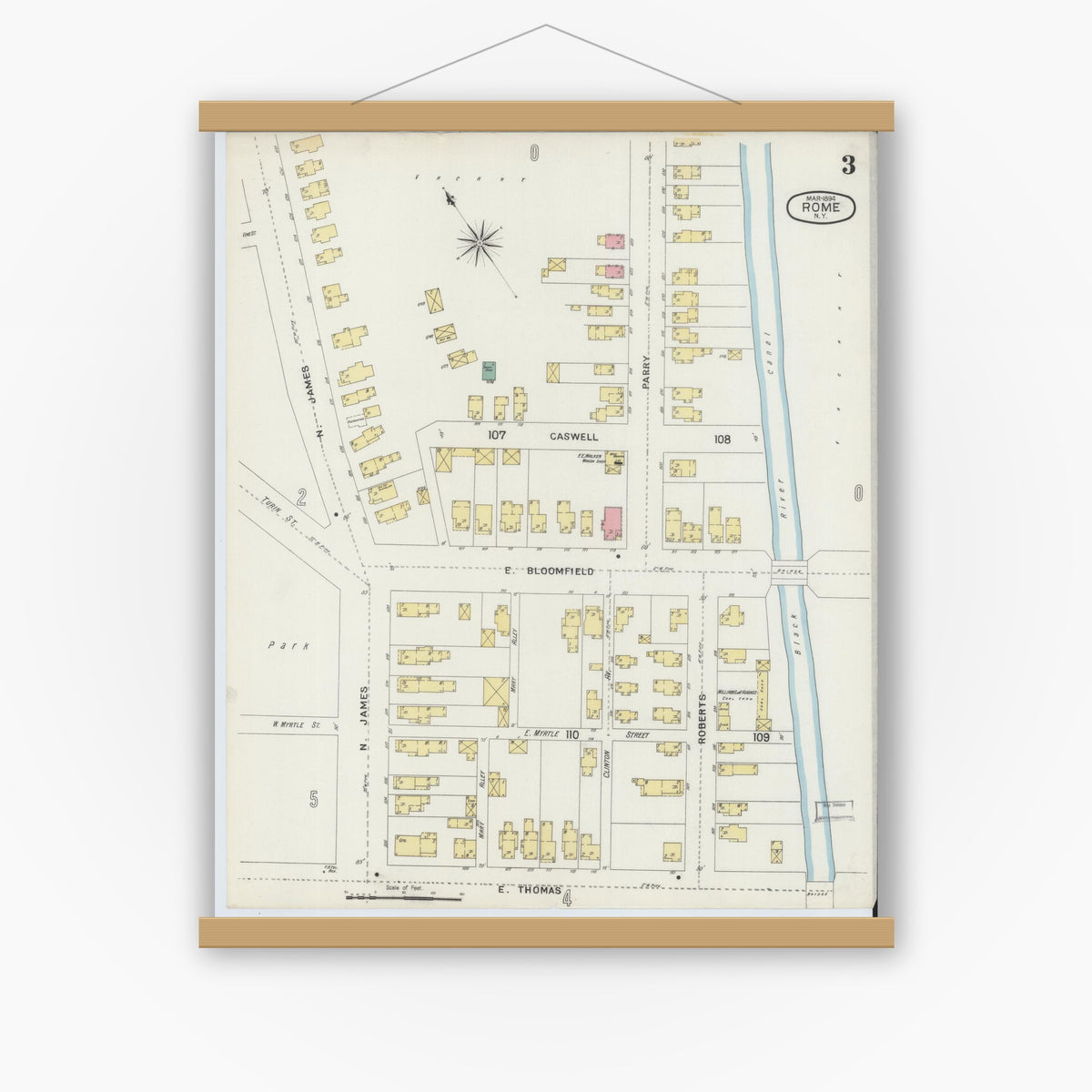 Old map wall art mockup — magnetic wood frame on white wall — Sanborn Fire Insurance Map from Rome, Oneida County, New York (1894), Sheet #0003