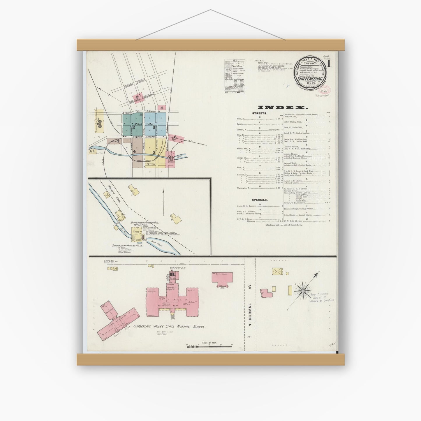 Old map wall art mockup — magnetic wood frame on white wall — Sanborn Fire Insurance Map from Shippensburg, Cumberland And Franklin Counties, Pennsylvania (1894) - Complete Map Set