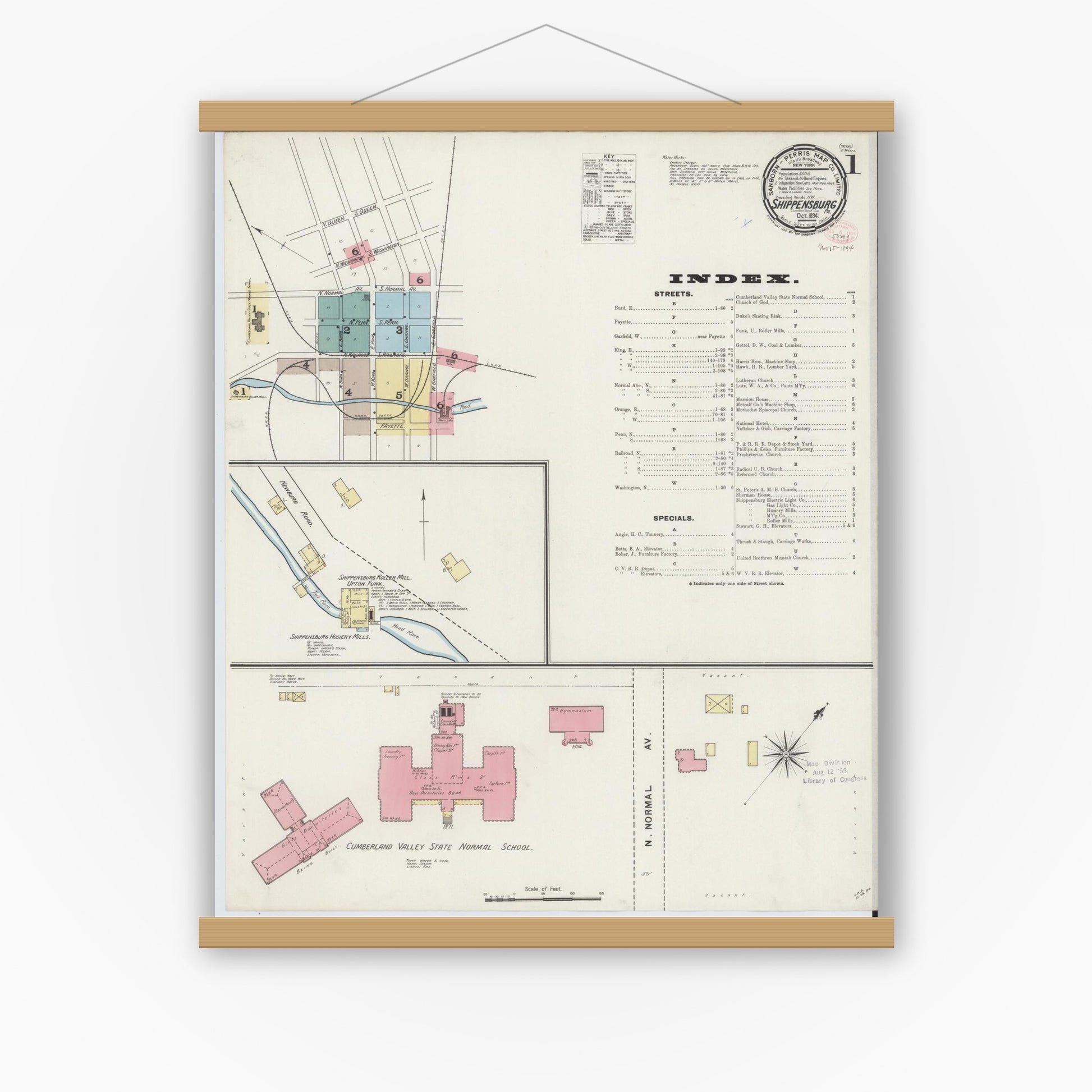 Old map wall art mockup — magnetic wood frame on white wall — Sanborn Fire Insurance Map from Shippensburg, Cumberland And Franklin Counties, Pennsylvania (1894) - Complete Map Set