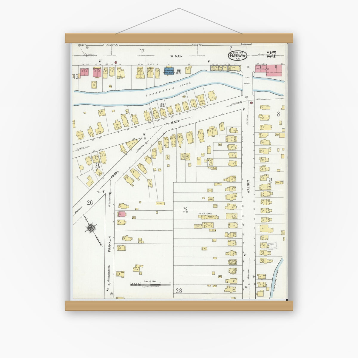 Old map wall art mockup — magnetic wood frame on white wall — Sanborn Fire Insurance Map from Batavia, Genesee County, New York (1919), Sheet #0027
