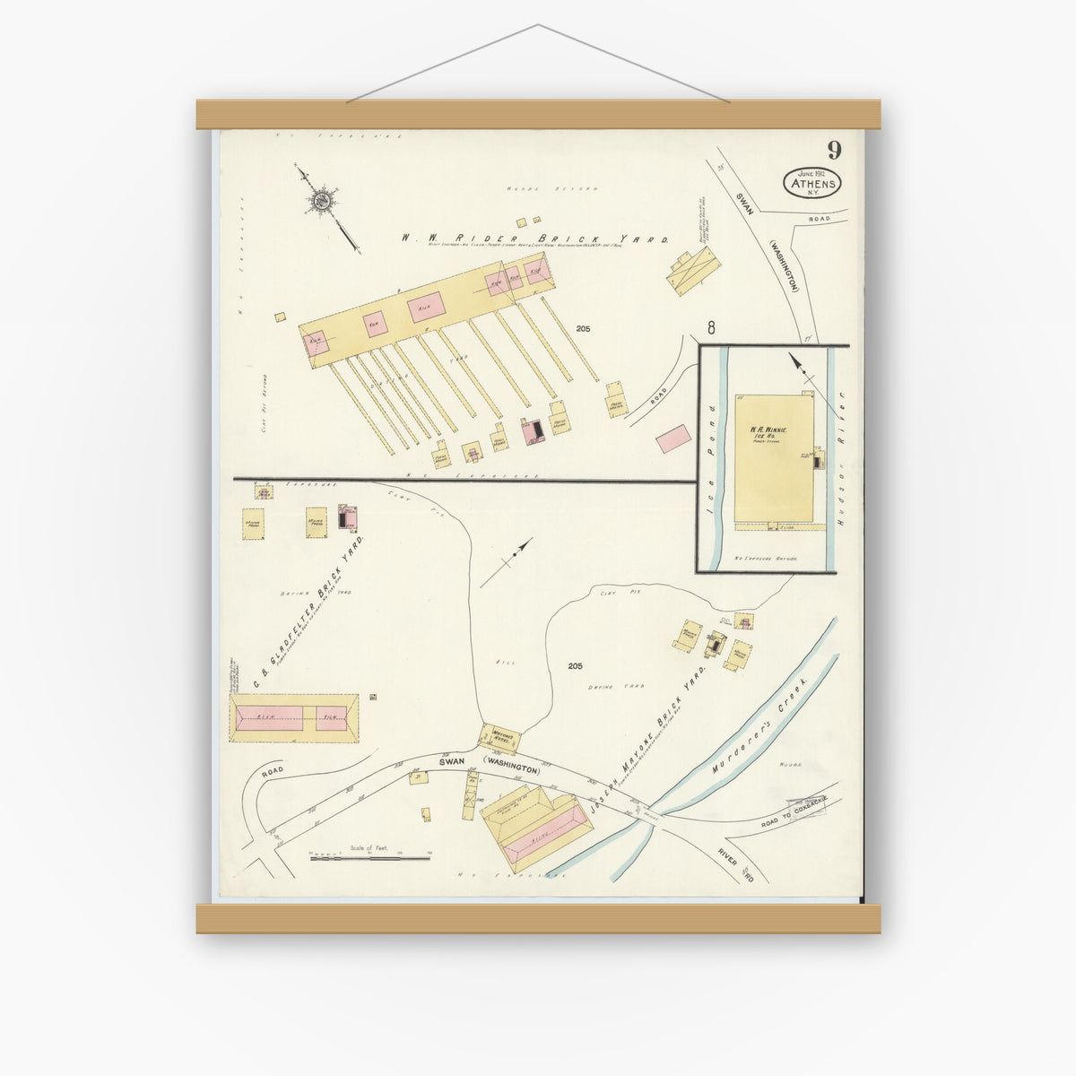 Old map wall art mockup — magnetic wood frame on white wall — Sanborn Fire Insurance Map from Athens, Greene County, New York (1912), Sheet #0009