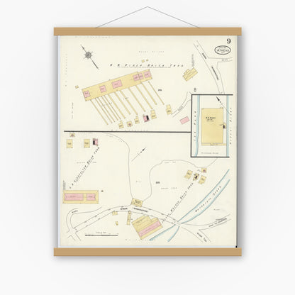 Old map wall art mockup — magnetic wood frame on white wall — Sanborn Fire Insurance Map from Athens, Greene County, New York (1912), Sheet #0009