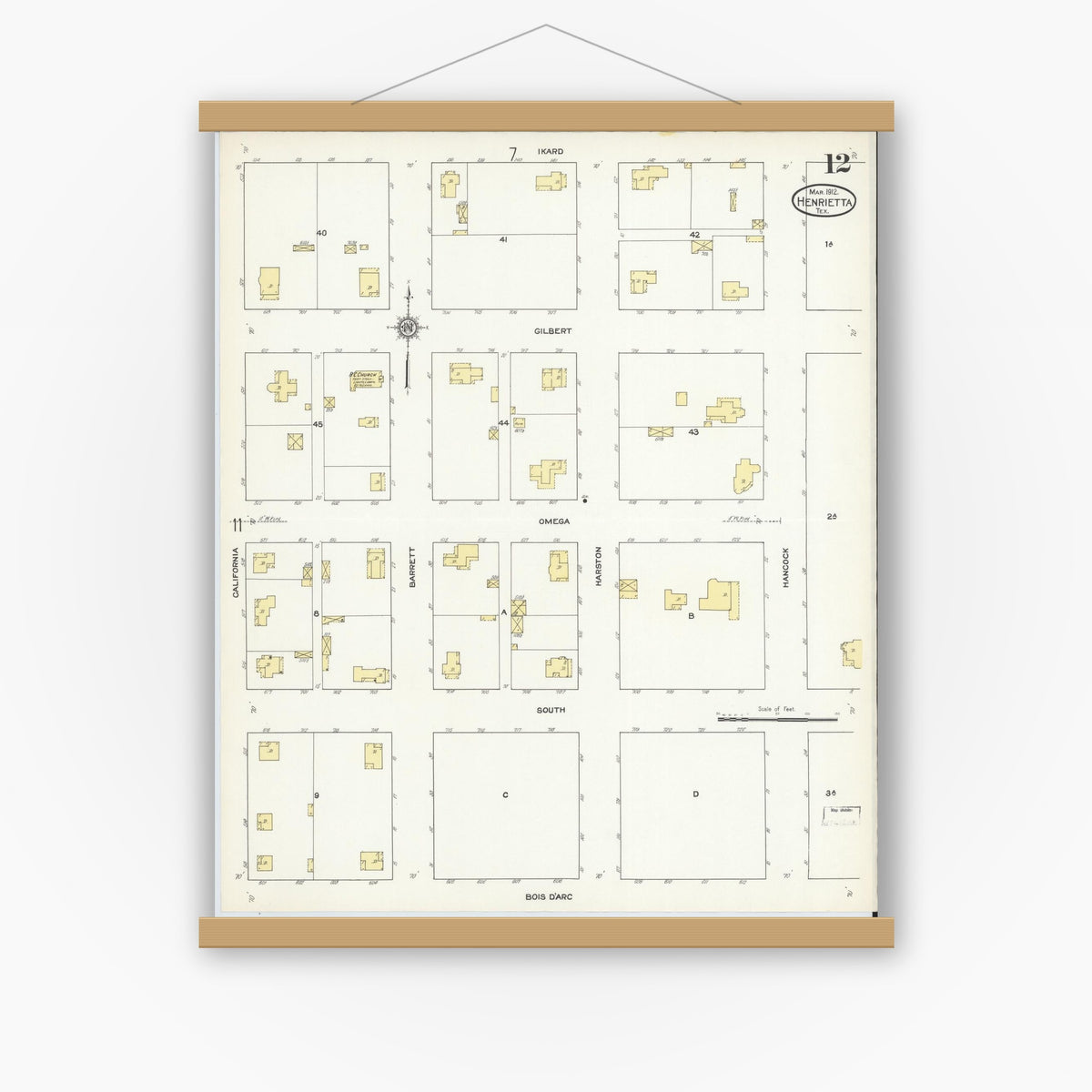 Old map wall art mockup — magnetic wood frame on white wall — Sanborn Fire Insurance Map from Henrietta, Clay County, Texas (1912), Sheet #0012