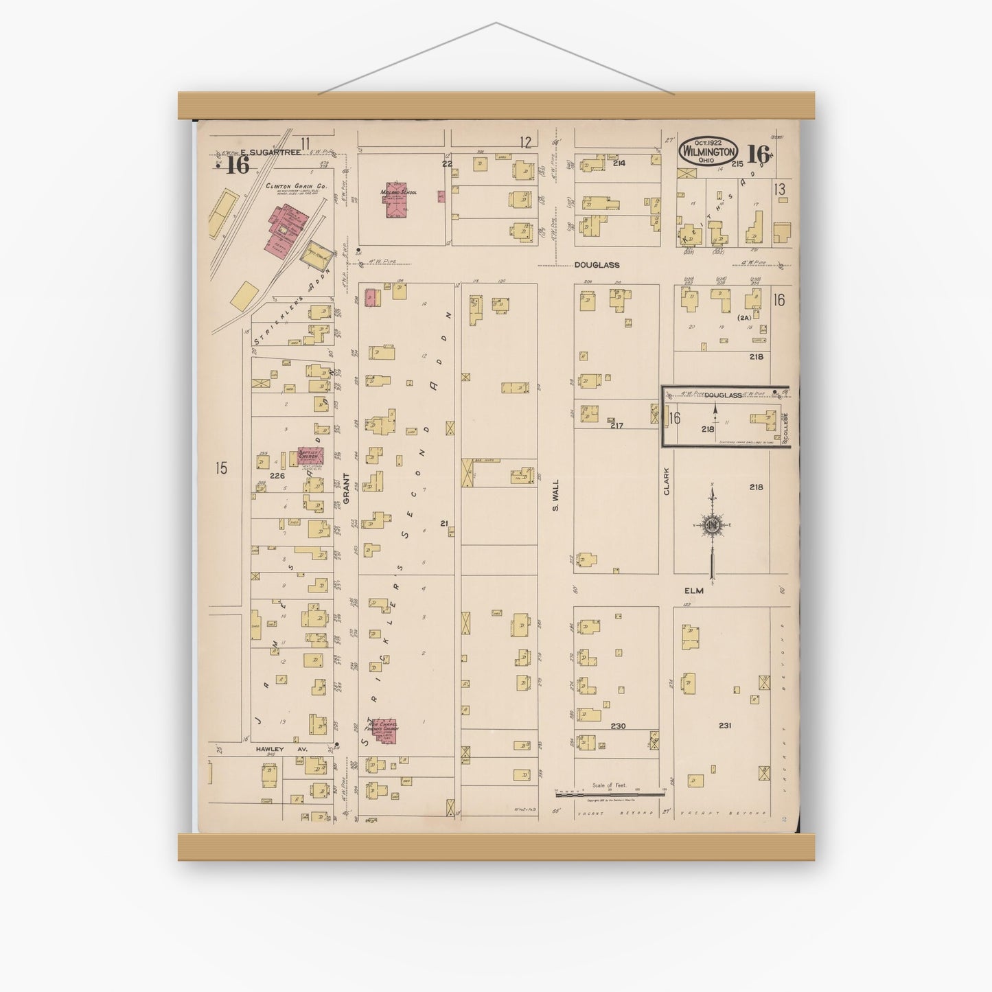 Old map wall art mockup — magnetic wood frame on white wall — Sanborn Fire Insurance Map from Wilmington, Clinton County, Ohio (1922), Sheet #0016