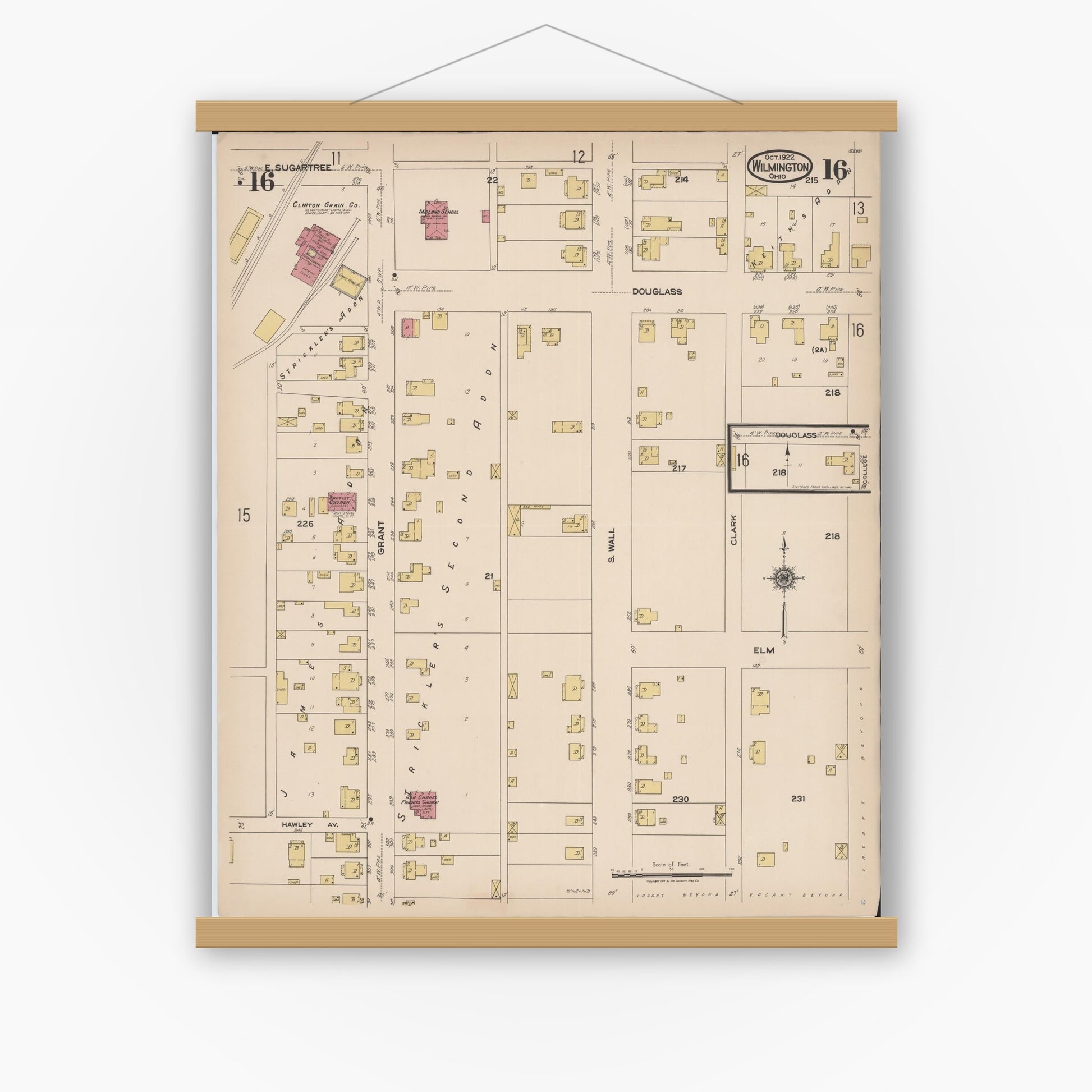 Old map wall art mockup — magnetic wood frame on white wall — Sanborn Fire Insurance Map from Wilmington, Clinton County, Ohio (1922), Sheet #0016