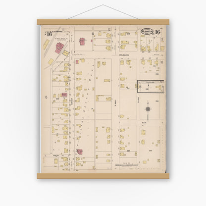 Old map wall art mockup — magnetic wood frame on white wall — Sanborn Fire Insurance Map from Wilmington, Clinton County, Ohio (1922), Sheet #0016