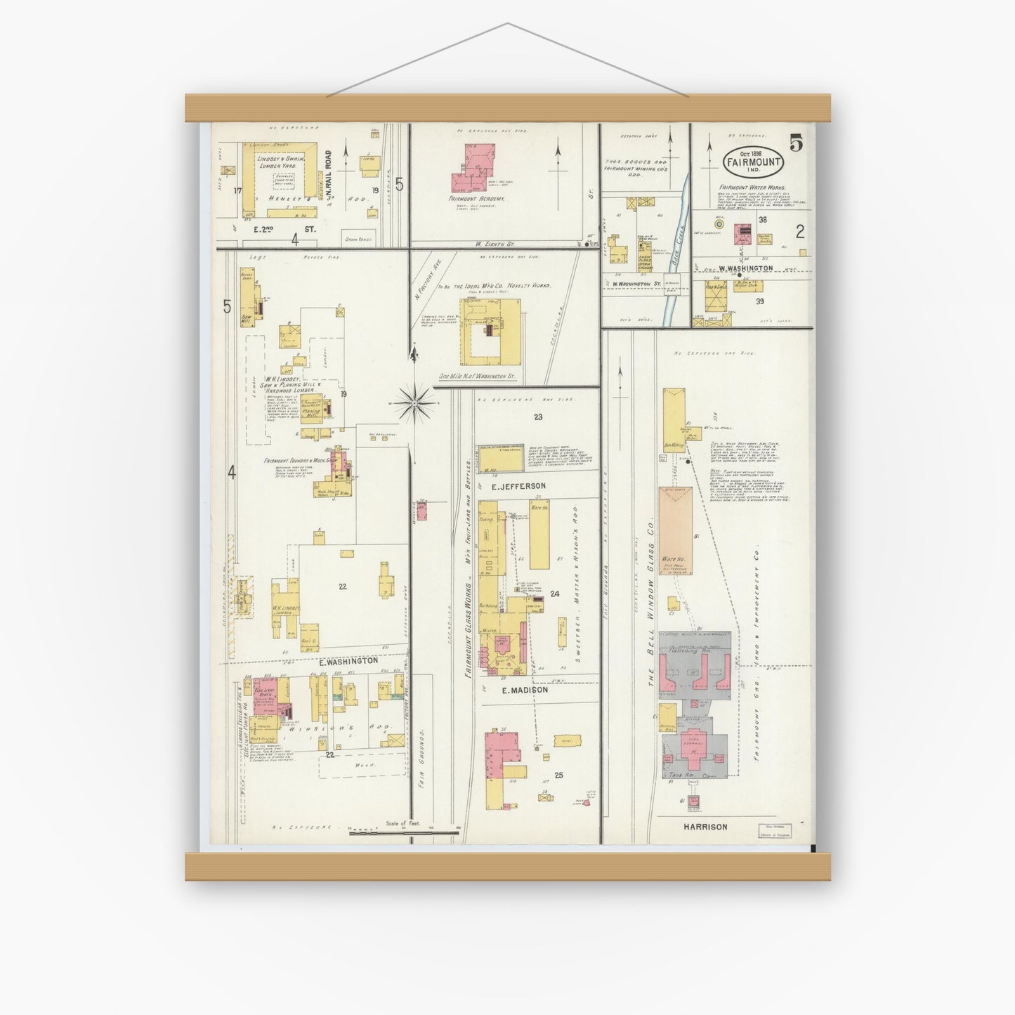 Old map wall art mockup — magnetic wood frame on white wall — Sanborn Fire Insurance Map from Fairmount, Grant County, Indiana (1898), Sheet #0005