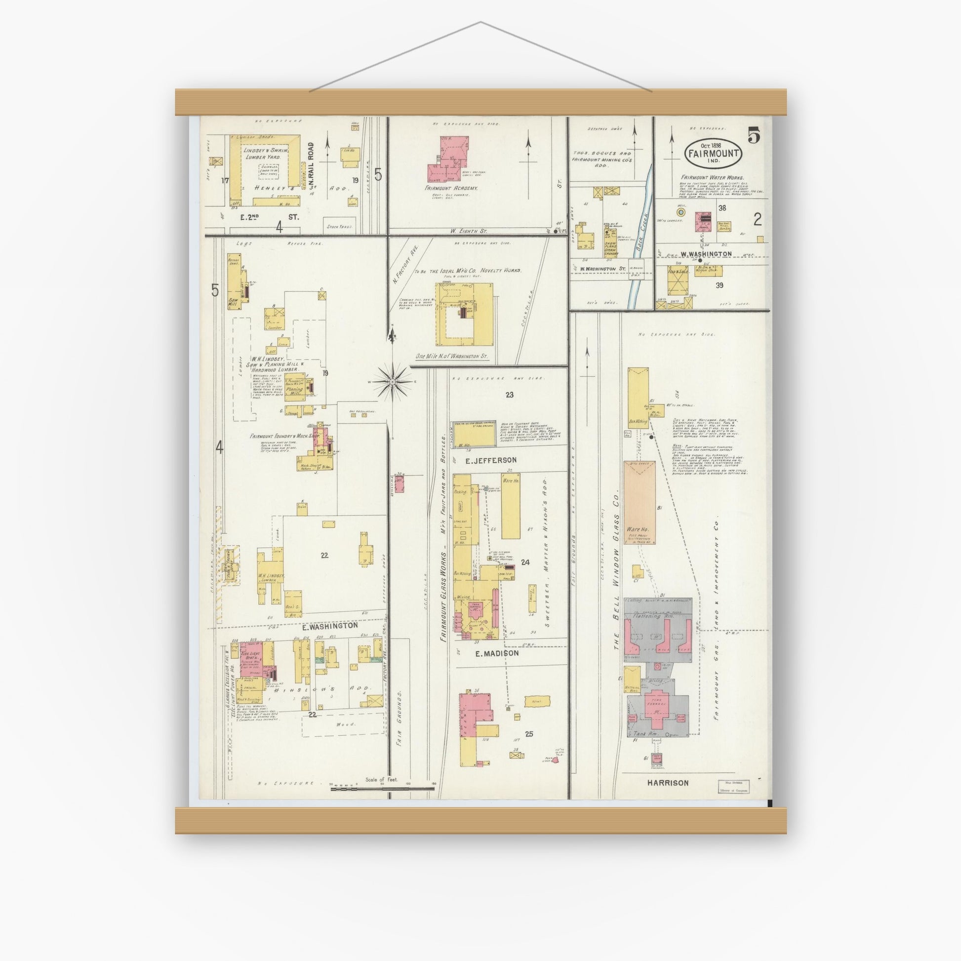 Old map wall art mockup — magnetic wood frame on white wall — Sanborn Fire Insurance Map from Fairmount, Grant County, Indiana (1898), Sheet #0005
